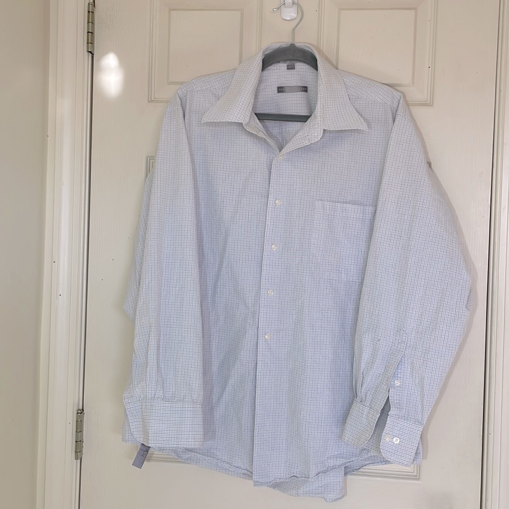 Geoffrey Beene Men’s White & Blue Checked Dress Shirt Size: XL, 17.5, 34/35